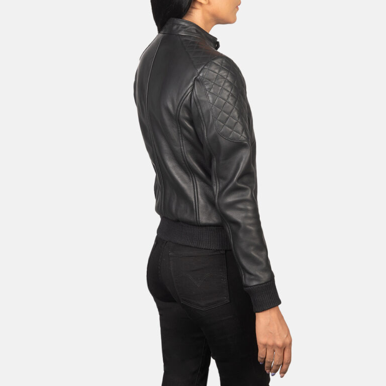 Womens Zenna Black Leather Bomber Jacket Tilted Back-8-1652190986087